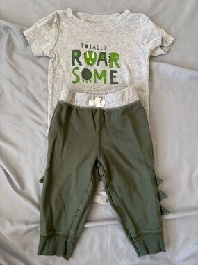 Carter's Olive Green Joggers with Gray Dino Graphic Tee